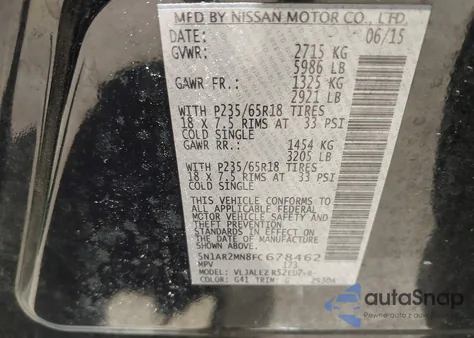 2015 Nissan Pathfinder S/Sv/Sl/Platinum from USA, damaged, VIN 5N1AR2MN8FC678462